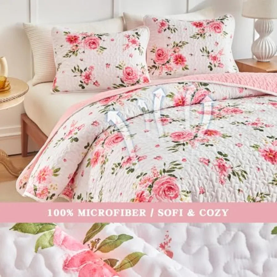 Floral Quilt Set 3 Pieces Queen Size White Pink Flower Soft Microfiber Lightweight Summer Reversible Coverlet Bedspread for All