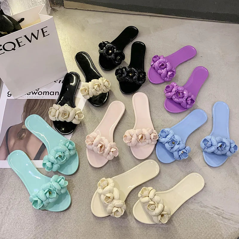 2025 New Women Spring/Summer Collection Jelly Color One Word Shoes Beach Daily Shopping Home Essential Casual Slippers