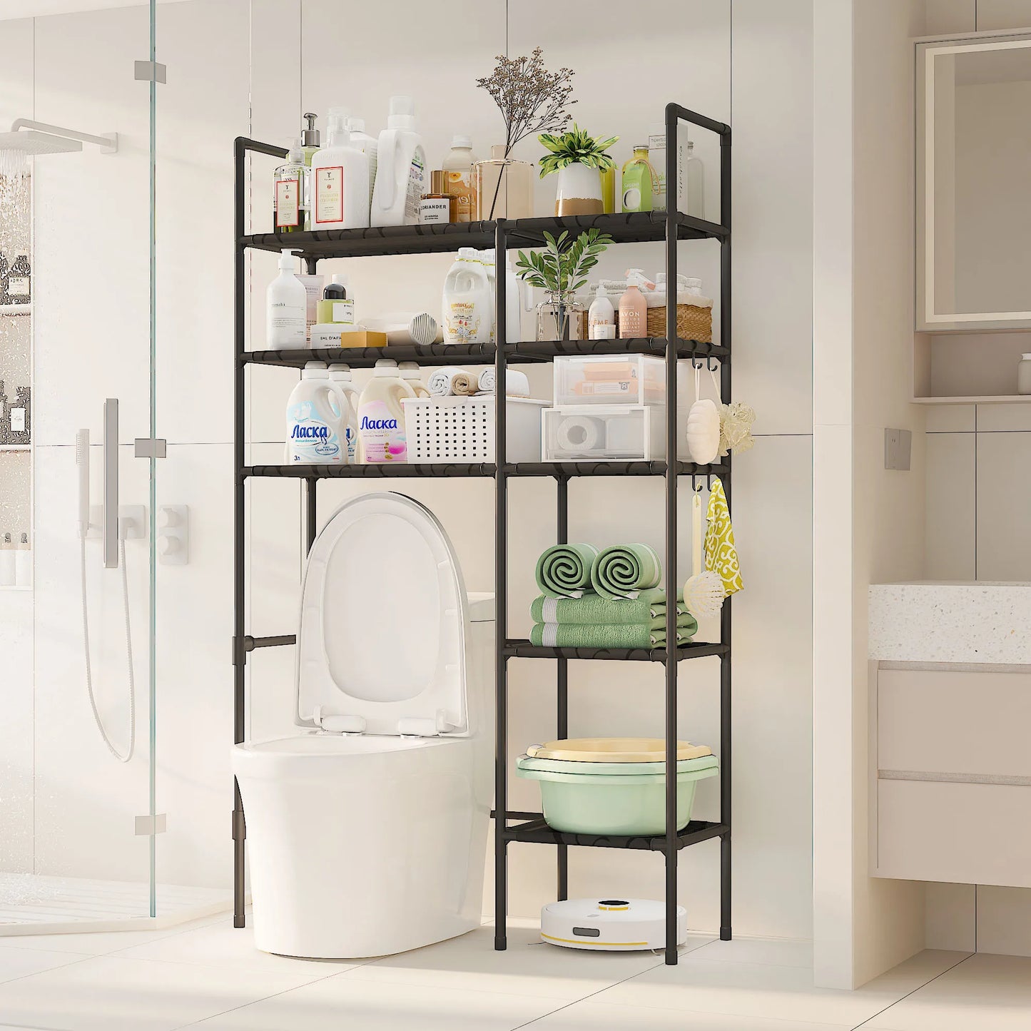 2/3 Tier Bathroom Storage Cabinet - Space-Saving, Over-The-Toilet Storage Shelf, Easy to Assemble, Suitable for Bathroom Essentials with Rust-Proof Metal Frame and Plastic Dividers, Ideal for Storing Toiletries, Towels, and D