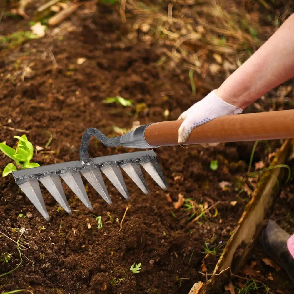 4/5/6/7 Teeth Carbon Steel Garden Hand Rake Farm Tool Weeding Scarifier Agricultural Nail Harrow Metal Harrow Garden WeedingTool