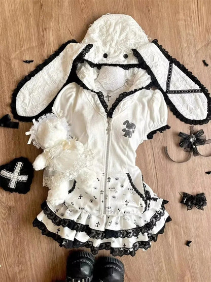 Summer Sweet Preppy Style 2 Piece Sets Women Y2k Kawaii Lolita Design Tops + High Waist Chic Skirt Female Princess Retro Outfits