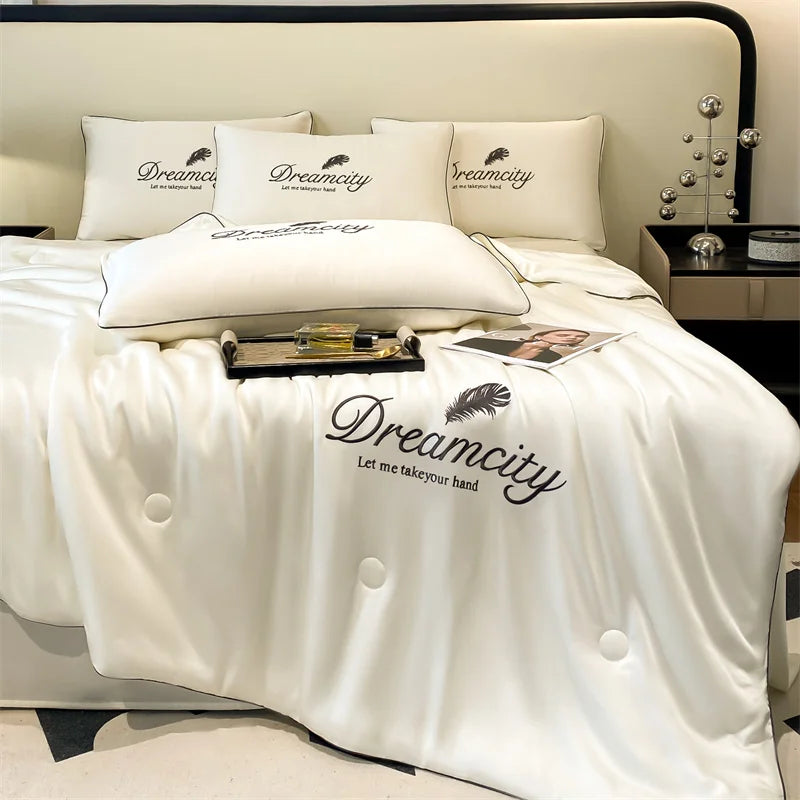 Ultra Soft Cooling Ice Silk Summer Quilt Blanket, Queen King Size Embroidered Breathable Nap Comforter, Lightweight Skin Friendly Air Conditioner Quilt