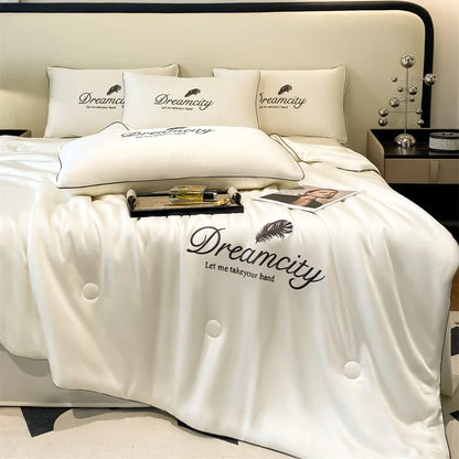 Ultra Soft Cooling Ice Silk Summer Quilt Blanket, Queen King Size Embroidered Breathable Nap Comforter, Lightweight Skin Friendly Air Conditioner Quilt