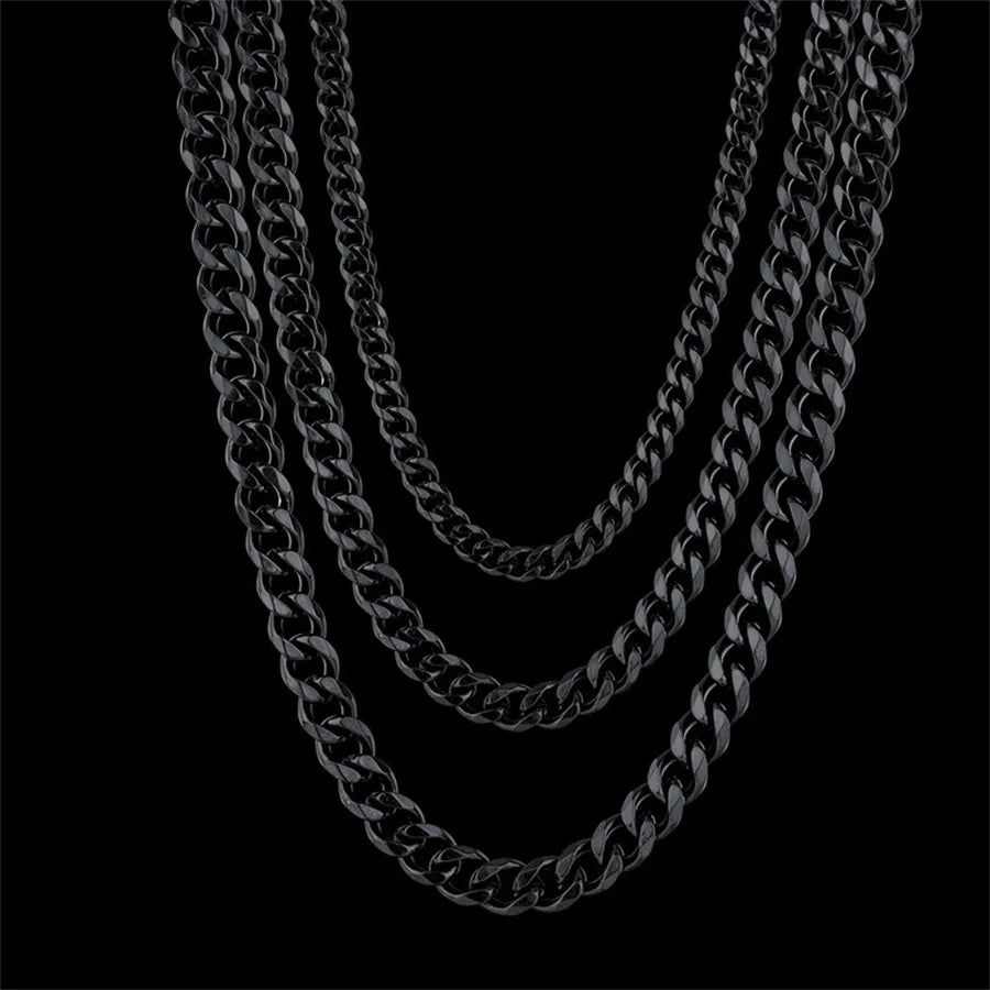 3/5/7/9/11mm Men's Silver Color Necklace Stainless Steel Cuban Link Chain for Mens Womens Basic Black Gold Tone Chokers