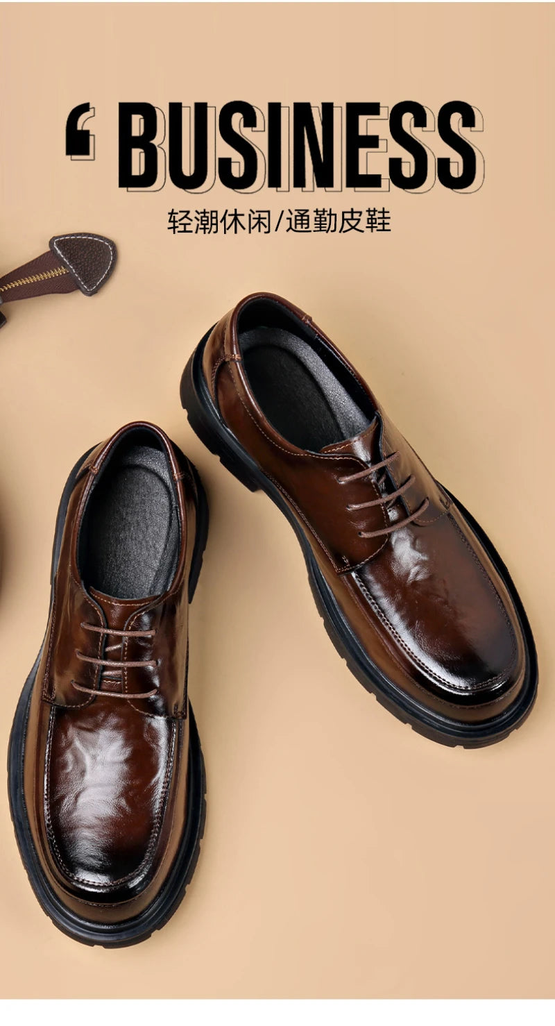 Mens Black Genuine Leather Wrinkled Lace Up Chunky Sole Formal Business Oxfords Casual Daily Wear Dress Shoes Stylish And Simple