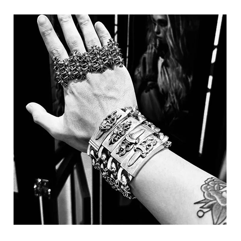 Bracelet Punk Cross Full Flower Domineering Old Sword Hip Hop Rock Fashion Thick Bracelet Men's