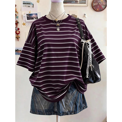 New Y2K Striped Digital Print Casual Oversized Mid-Length Round Neck Drop Shoulder Women Tshirt Street Fashion Casual Sports Top