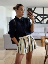 Striped High-Waisted Pocket Shorts
