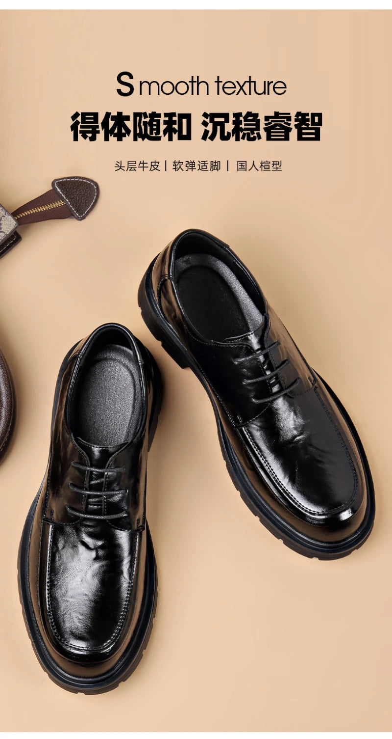 Mens Black Genuine Leather Wrinkled Lace Up Chunky Sole Formal Business Oxfords Casual Daily Wear Dress Shoes Stylish And Simple