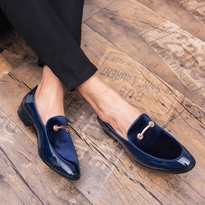 Mens Formal Navy Blue Velvet Patent Leather Loafers With Gold Horsebit Accent Flat Heel Comfortable Non Slip Breathable Business