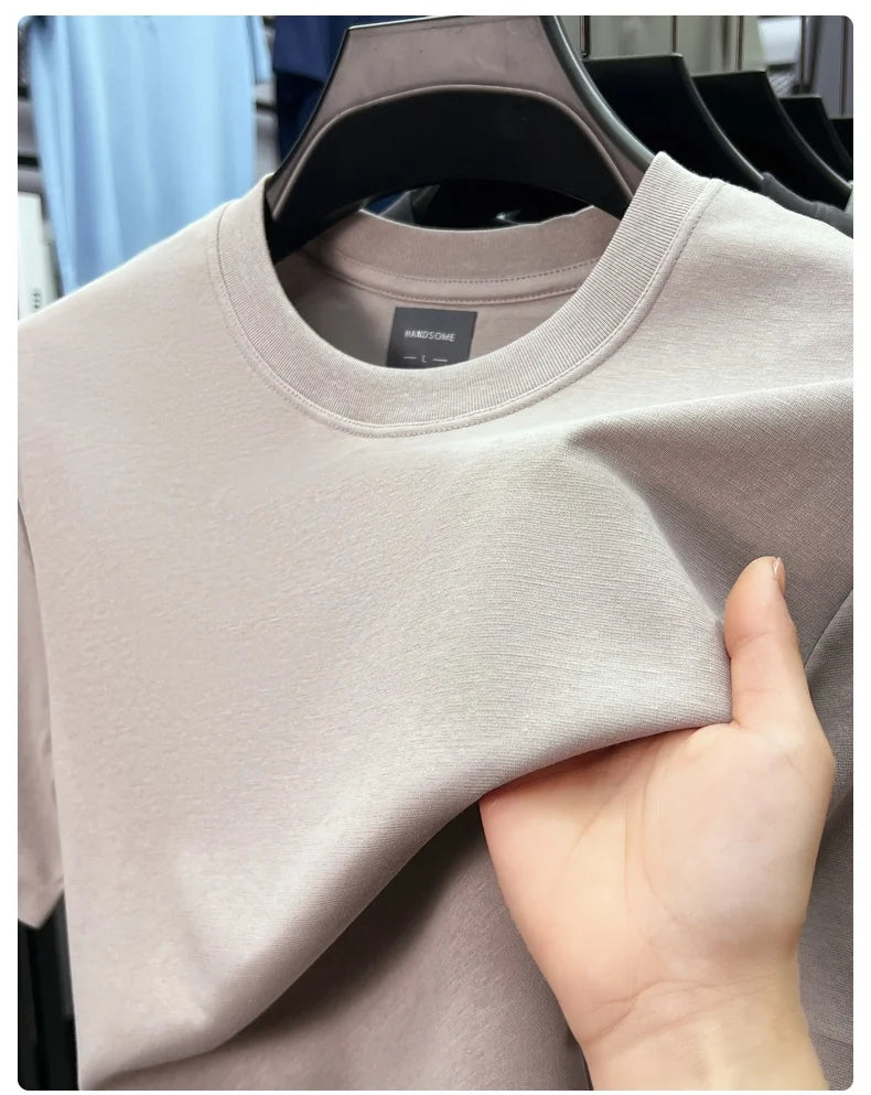 High quality luxury short sleeve T-shirt summer breathable cool silk cotton fashion solid color round neck top casual men's wear