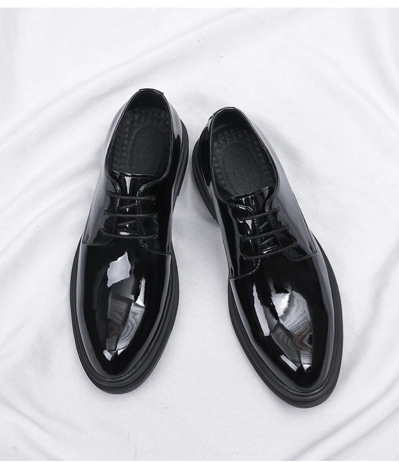 Mens Black Patent Leather Lace Up Dress Shoes With Thick Sole Platform Block Heel Formal Business Wedding Party Office Work Shoe