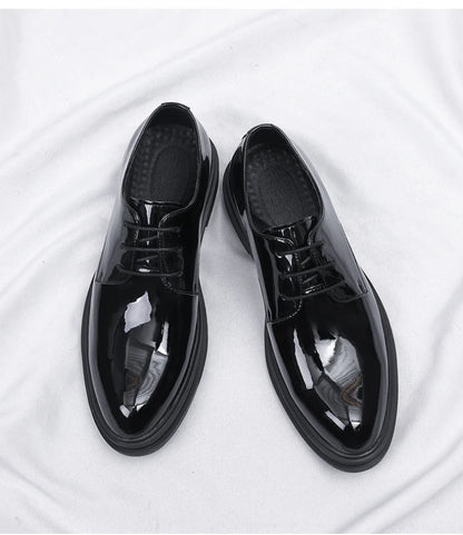 Mens Black Patent Leather Lace Up Dress Shoes With Thick Sole Platform Block Heel Formal Business Wedding Party Office Work Shoe
