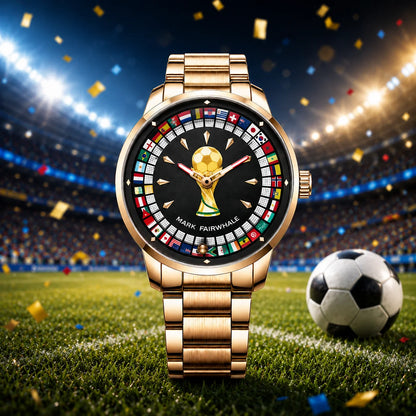 MARK FAIRWHALE 5087 Famous Football Sports Quartz Watch 360 ° Rotating Flag Dial Stainless Steel Strap Waterproof Watch for Man