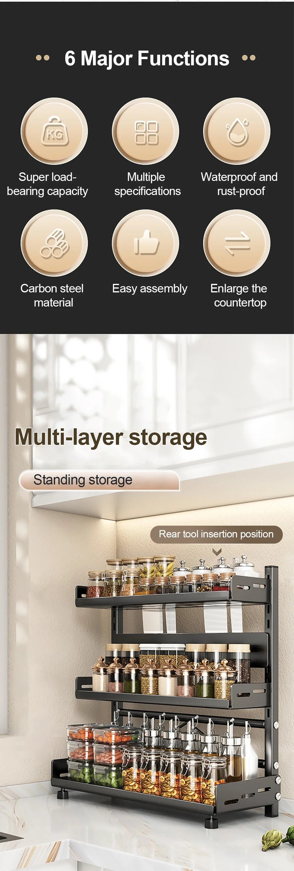3 Tier Spice Storage Rack for Countertop Adjustable Spice Organization For Cabinet Kitchen Organizer Metal Shelf Black