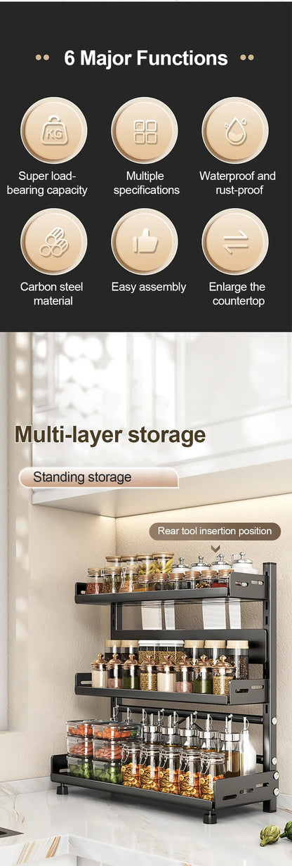 3 Tier Spice Storage Rack for Countertop Adjustable Spice Organization For Cabinet Kitchen Organizer Metal Shelf Black