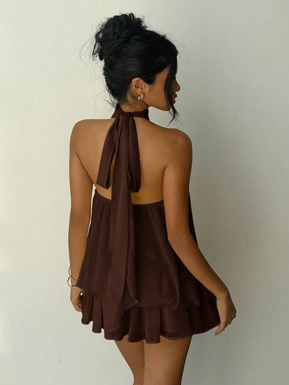2026 Women's Elegant Halter Neck Sleeveless Ruffled Layered Chiffon Mini Dress Casual Summer Party Dress for Beach Vacation Y2K