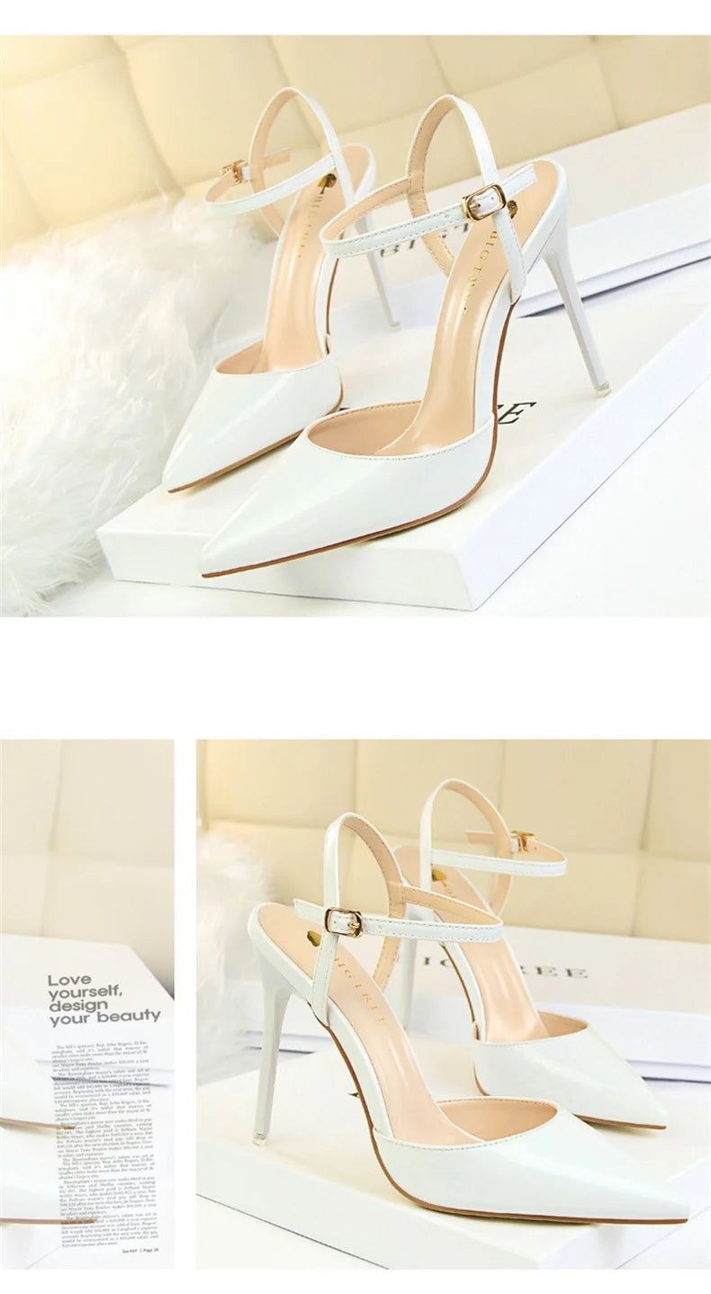 Women High Heels Sandals Metallic Gray Patent Leather Stripper Ankle Strap Wedding Nightclub Pointed Toe Party Valentine 86-1