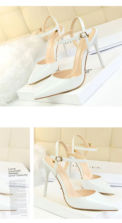 Women High Heels Sandals Metallic Gray Patent Leather Stripper Ankle Strap Wedding Nightclub Pointed Toe Party Valentine 86-1