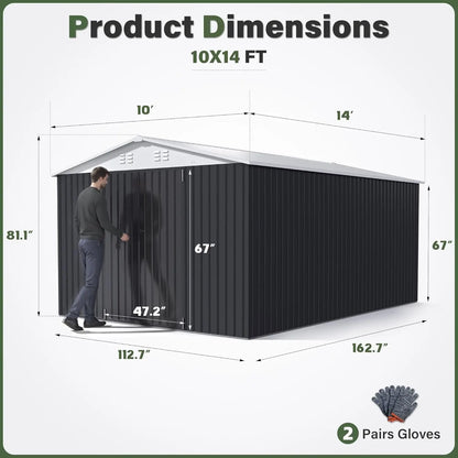 VIWAT 10x14FT Galvanized Steel Storage Shed, Reinforced Frame & Lockable Door, Garden Tool Shed for Backyard, Patio