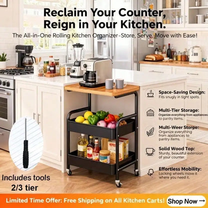 Three-Tier/Two-Tier Rolling Metal Kitchen Storage Trolley - 360° Lockable Casters, Heavy-Duty Metal Frame, Three-Tier Categorize