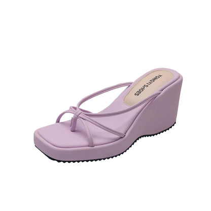 Sweet Butterfly Knot Design Women's Sandals Summer New Style Purple Slip-On Wedge Heel Outdoor Wearable Comfortable Slides
