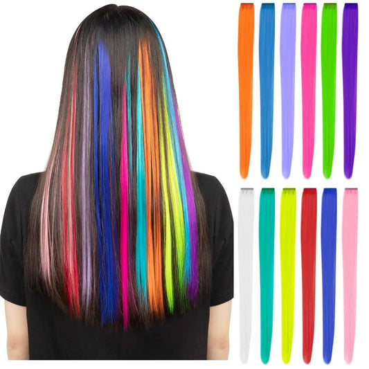 22 inches12pcs/pack Colored Party Synthetic Clip in Hair Extensions for Girls Multi-colors Straight Hair Synthetic Hairpieces