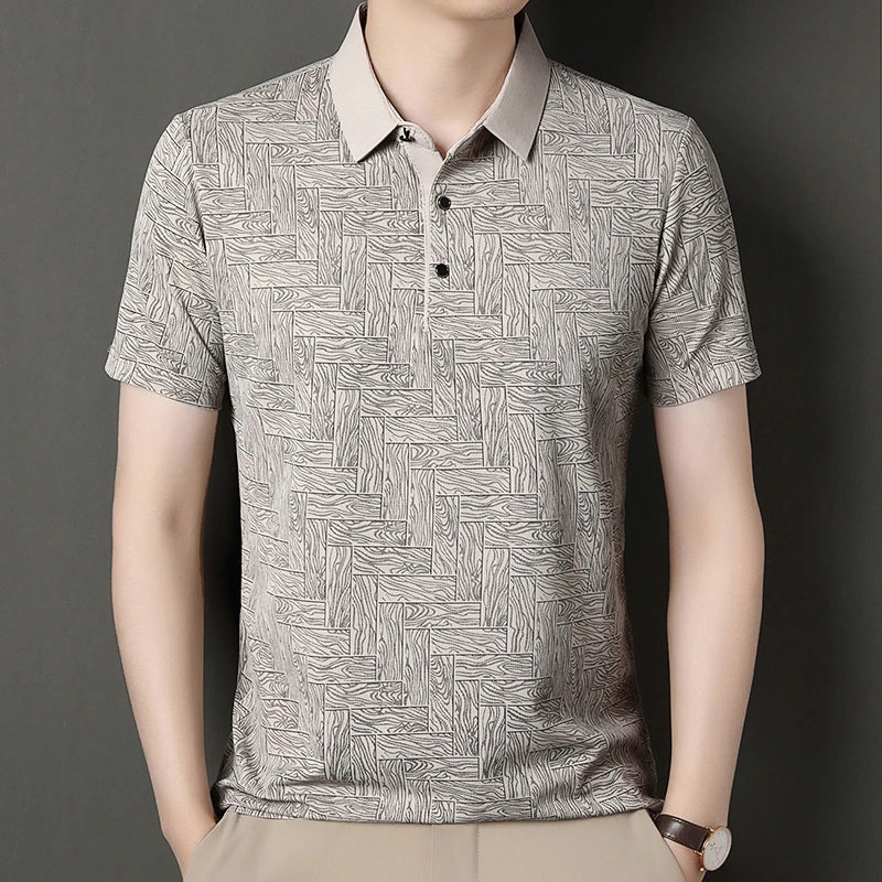 Men's Comfortable Short Sleeve Polo Shirt Weave Pattern Contrast Collar Design 2026 Casual Daily Office Fashion Top