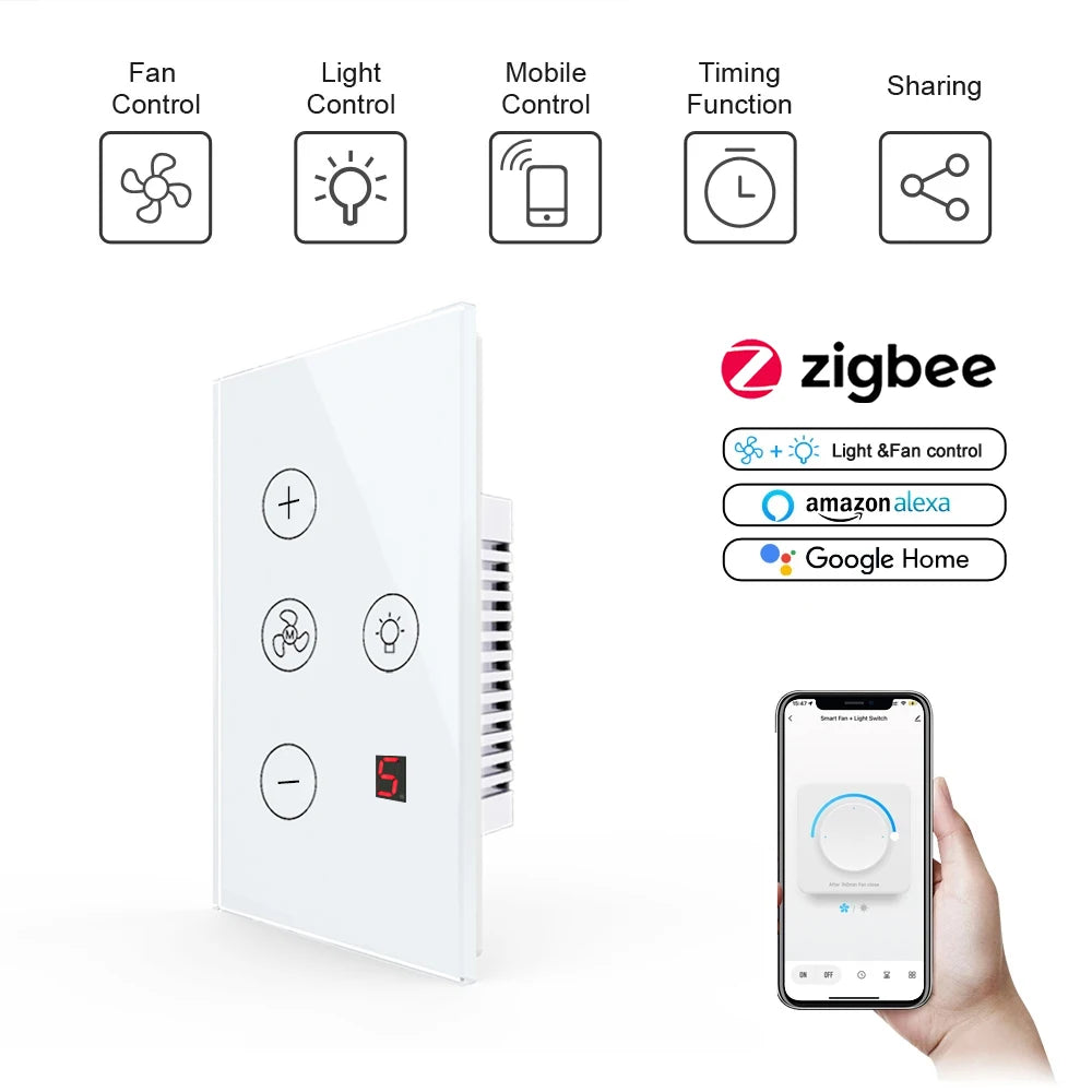 tuya Zigbee Smart fan switch Network connection APP remote control Alexa and Google Assistant AC110V 220V voice control