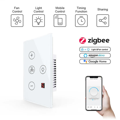tuya Zigbee Smart fan switch Network connection APP remote control Alexa and Google Assistant AC110V 220V voice control