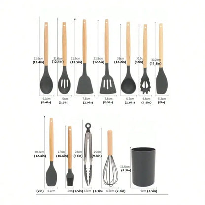 12 Piece Silicone Cooking Kitchen Utensils Set With Wooden Handle, Silicone Flip Flop Tongs Spatula Spoon Kitchen Utensils Set F