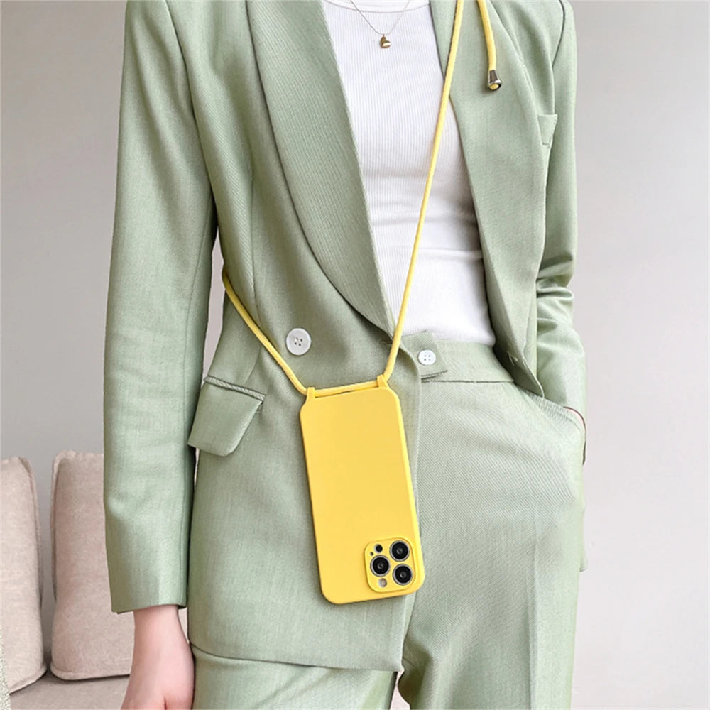 Crossbody Necklace Lanyard Cord Strap Liquid Silicone Case For iPhone 17 16 15 13 11 12 14 Pro Max XS XR X Plus Soft Candy Cover