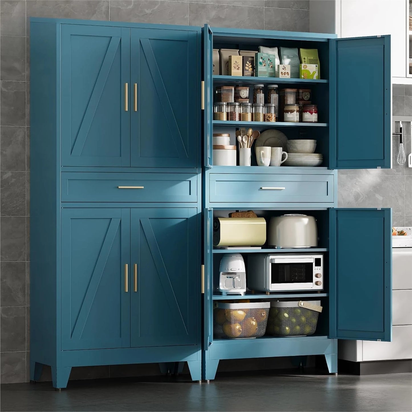 71'' Tall Metal Pantry Cabinet with Drawer, Kitchen Storage Cabinet with 4 Doors and Shelves, Freestanding, Customized