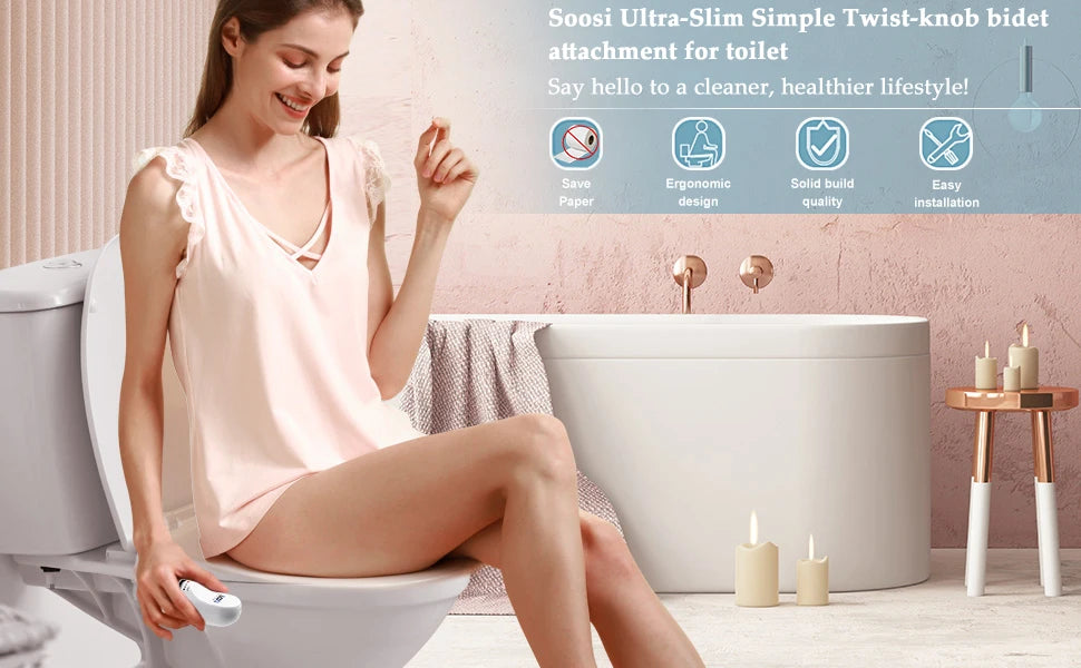 SOOSI Toilet Seat Bidet Attachment Ultra-Slim Double Nozzle Adjustable Water Pressure Non-Electric Ass Sprayer
