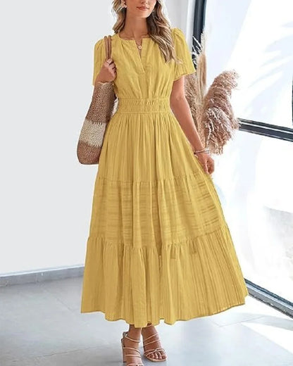 Summer Solid Color V-neck Tight Waist Dress French Style Elegant Pleated Large Swing Long Dress Casual Vacation Style Slimming M