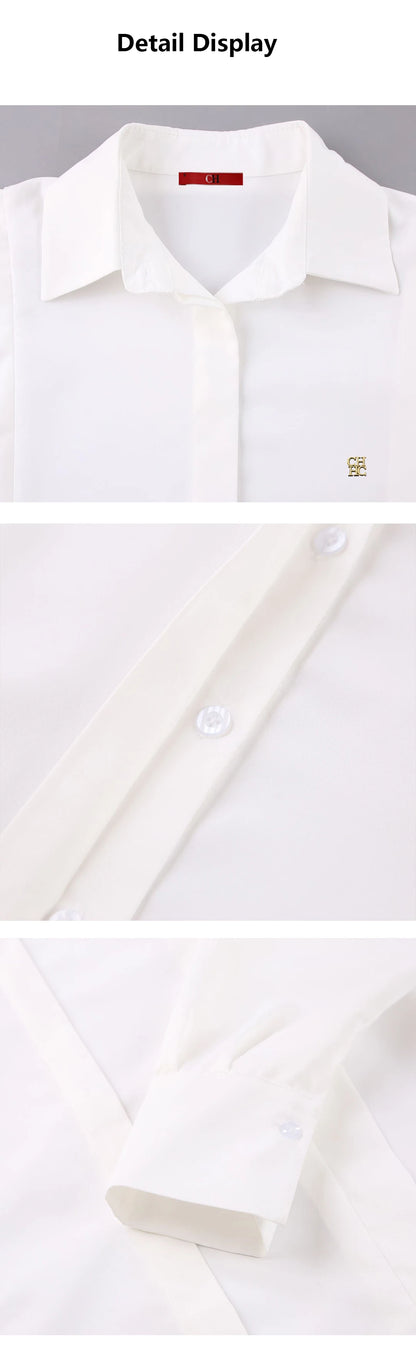 CH Womens CH Logo Embroidered Shirt Long Sleeve Structured Shoulder Office Blouse Fashion Button Down Top