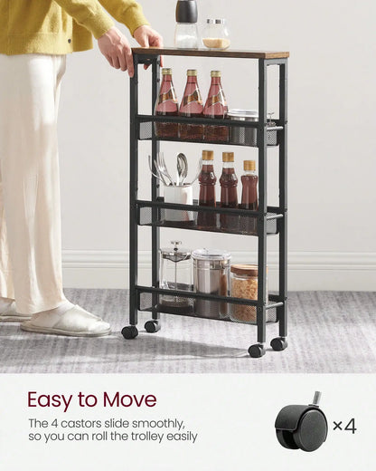 VASAGLE Slim Rolling Cart, 4-Tier Narrow Storage Cart With Handle, 5.1 Inches Deep, Metal Frame, For Kitchen, Dining Room, Livin