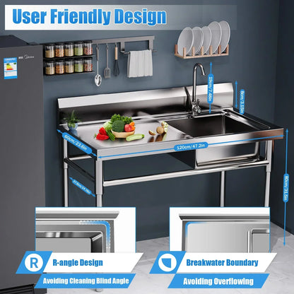 120x60cm Kitchen Sink with Left Platform Commercial Stainless Steel Sink with Faucet  Easy to Clean and Maintain