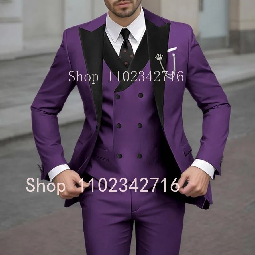 New Classic Beige Single Breasted Suits For Men Black Lapel Slim Fit Wedding Suit Groomsmen Formal Prom Party Suits 3 Piece Sets