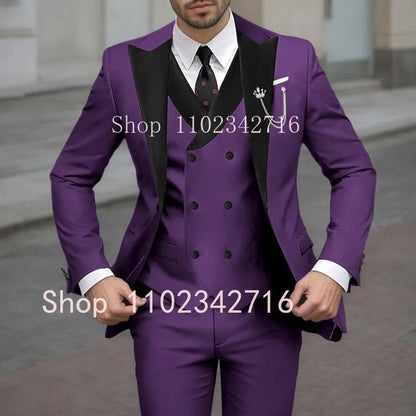 New Classic Beige Single Breasted Suits For Men Black Lapel Slim Fit Wedding Suit Groomsmen Formal Prom Party Suits 3 Piece Sets