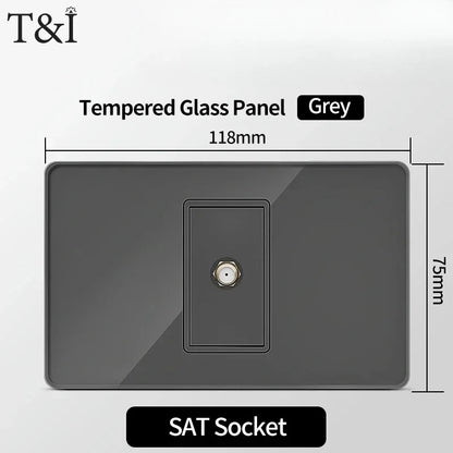 118*75mm TEMPERED GLASS SWITCH PANEL Wall Socket with USB Type - C, Grey US Switch, Thai Plug for Home & Office Use
