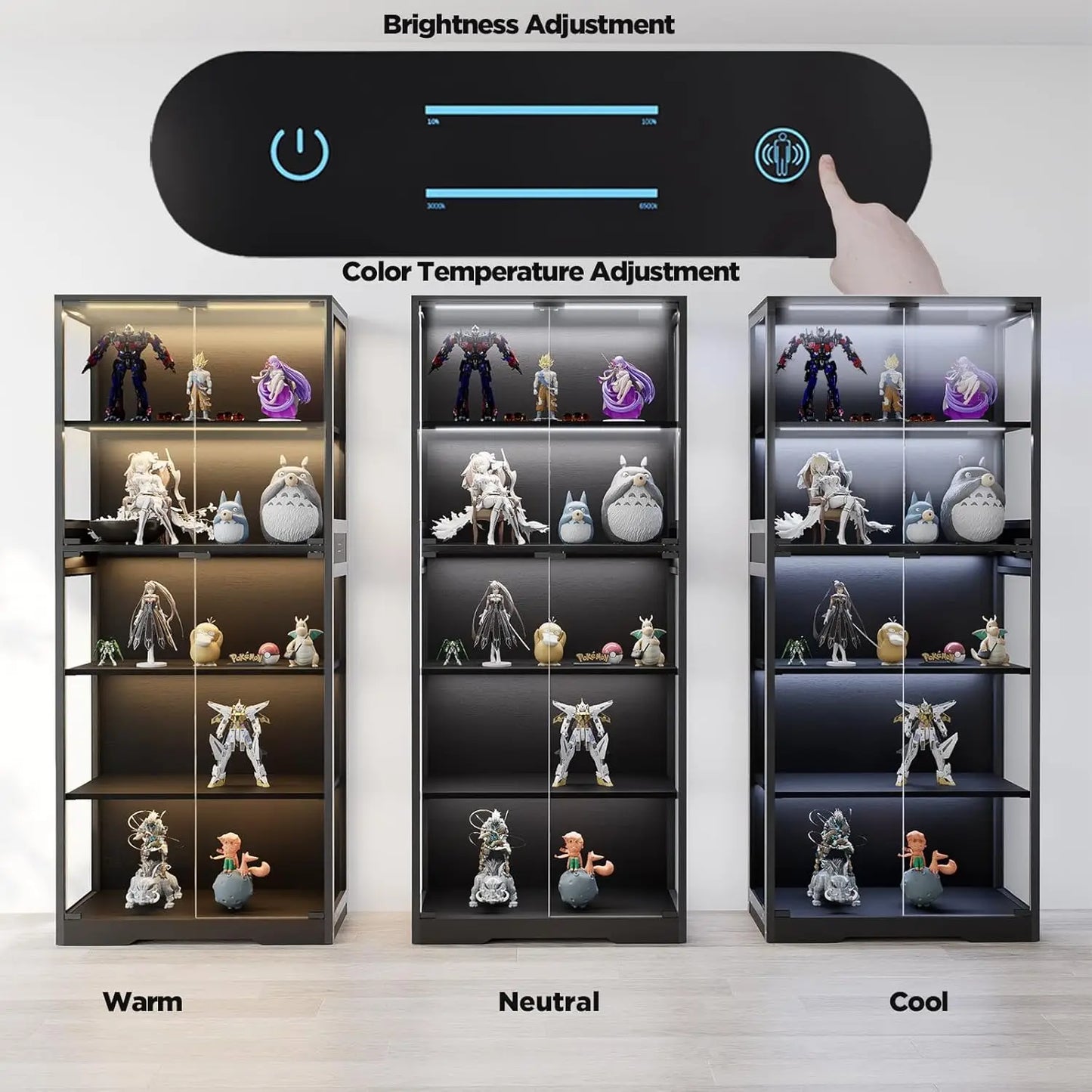 5-Tier Display Cabinet, Bookcase with Glass Doors, Dimming LED Lights & Motion Sensor, for Collectible Figures, Customized