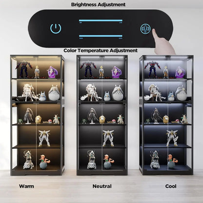 5-Tier Display Cabinet, Bookcase with Glass Doors, Dimming LED Lights & Motion Sensor, for Collectible Figures, Customized