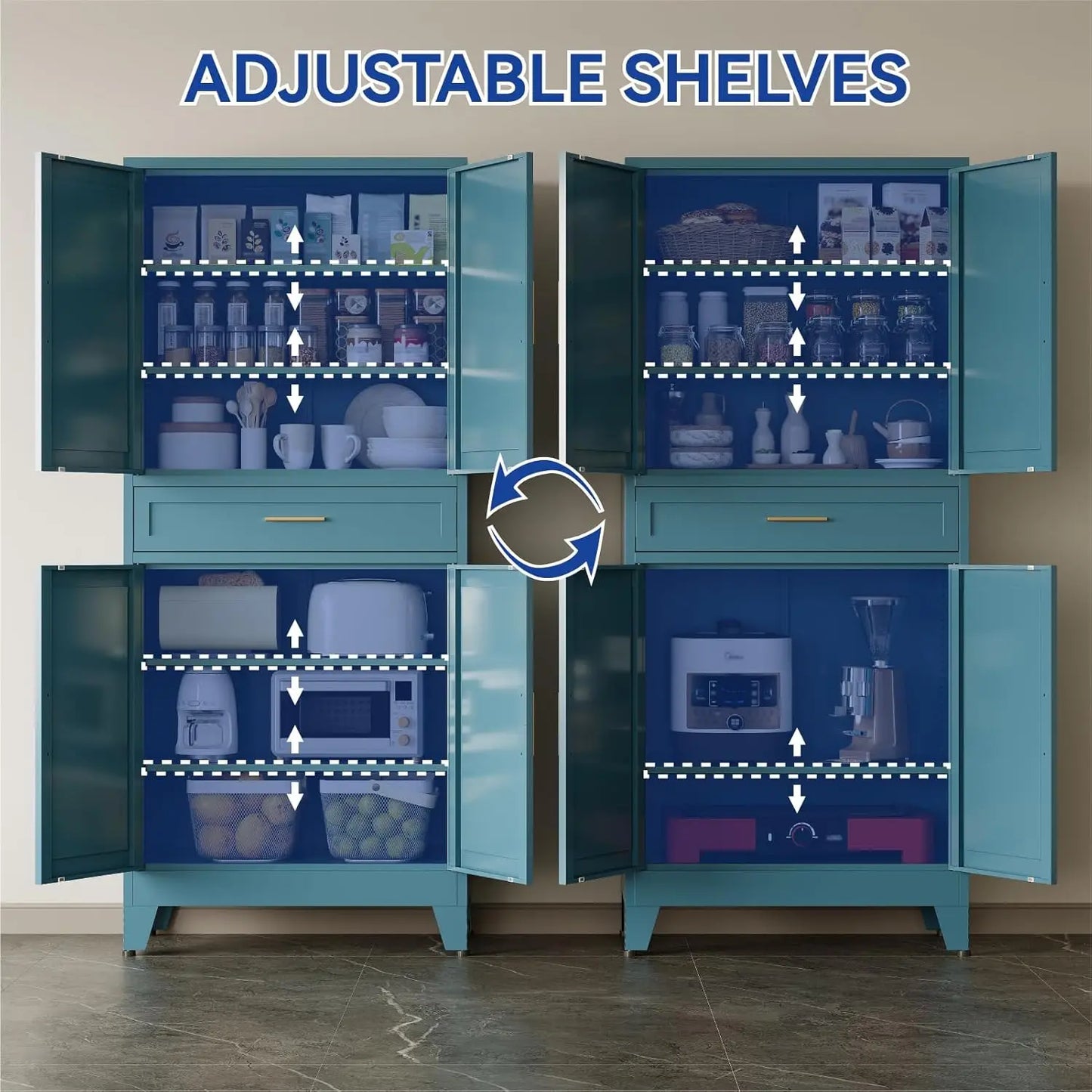 71'' Tall Metal Pantry Cabinet with Drawer, Kitchen Storage Cabinet with 4 Doors and Shelves, Freestanding, Customized