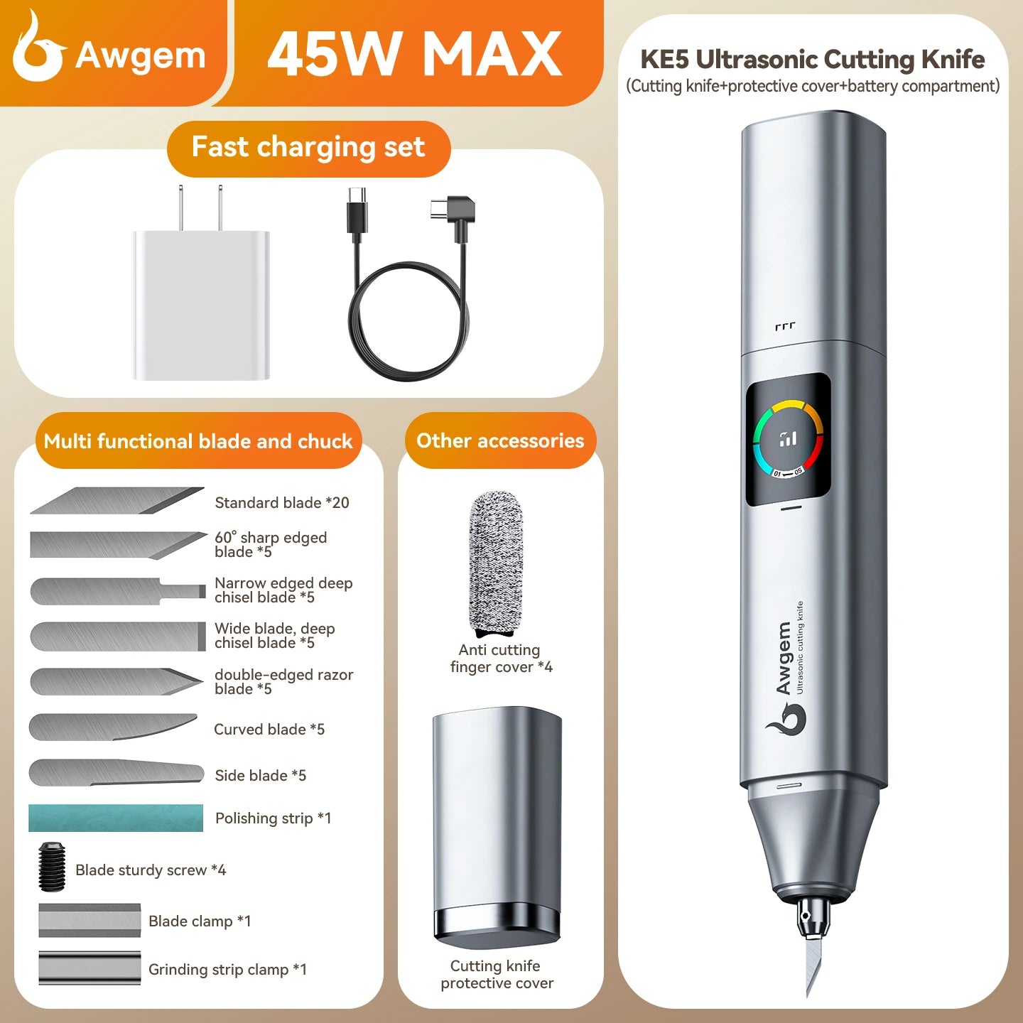 Awgem KE5 Handheld Ultrasonic Cutter Ultrasonic cutting knife DIY Electric Carving Tool for Plastic/Resin/3D Printing/Textile