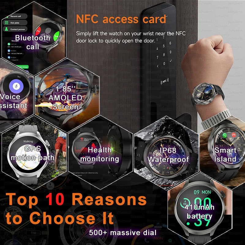 NEW GPS Outdoor fitness NFC Smart Watch Men 1.85 Inch AMOLED Screen  Bluetooth Call IP67 Waterproof Man Smart Watches Man 2025