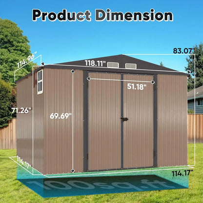 Heavy Duty 10X10 FT Metal Storage Shed, Lockable Steel Yard Waterproof Tool Shed for Garden, Backyard, Patio, Outside, Custom