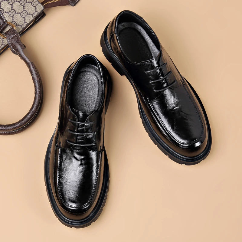 Mens Black Genuine Leather Wrinkled Lace Up Chunky Sole Formal Business Oxfords Casual Daily Wear Dress Shoes Stylish And Simple