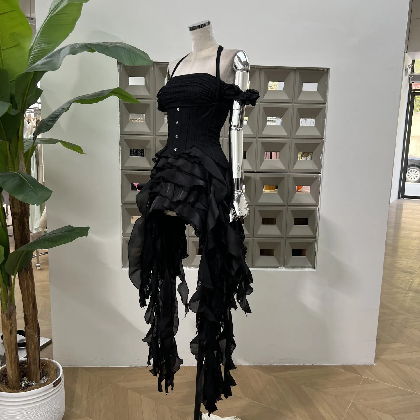 DFDG Hanging Neck High-quality Long Skirt Irregular Design Solid Color 2025 Summer New Women's Waist Cinching Slimming Dress