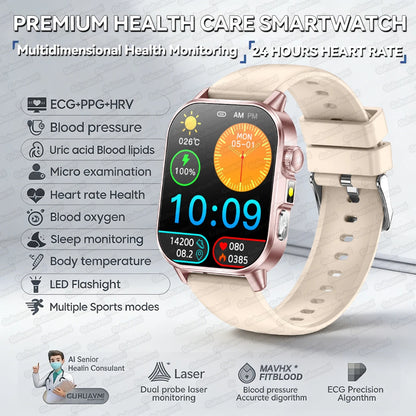 New Professional Health Watch Blood Pressure 2.01"AMOLED Screen Uric Acid Blood Lipids Flashlight Care Smart Watches for Women
